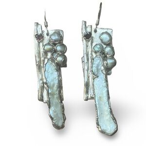 Pure Silver Artisan Freshwater Pearl, Gray Pearl and Garnet Earrings By C+R